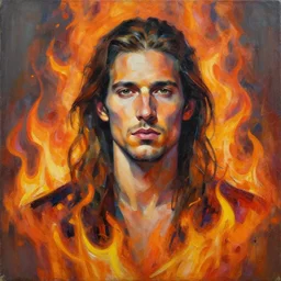 abstract painting of man made of flames, handsome. long hair. Stubble. by craig mullins, featured on artstation. Portrait. Stoic.