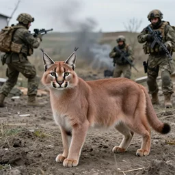 medium - sized wild cat, caracal, big floppa with military forces doing war crimes in donbass, private military company, detailed, realism, real photo, wide angle photography, documentary, 8 k, matte print