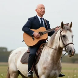 Jeff Bezos riding a horse holding his acoustic guitar