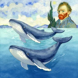 whales in the ocean, aesthetically pleasing composition, watercolor painting by hayao miyazaki and vincent van gogh and national geographic, masterful, sharp focus, rich texture, rich vivid color, dynamic, energetic, lively, perspective, elegant design, high detail, hdr.