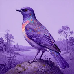 by n. c. wyeth psychedelic purple monumental, incredible. a beautiful conceptual art of a bird in its natural habitat. the bird is shown in great detail, with its colorful plumage & intricate patterns. the background is a simple but detailed landscape, with trees, bushes, & a river.
