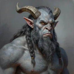 painting of goliath, orc, braided hair and beard. Grey skin. Elf ears, horns Portrait. Craig mullins. ArtStation, CGSociety, Unreal Engine