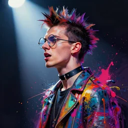a punk guy wearing circular glasses, wearing a choker, side portrait, defiant, passionate, spotlight, paint drips, glitching paint splatter, vibrant colors, dramatic, brush strokes, collage, futuristic clothing, digital painting, by marco paludet, by jeremy mann, by hannah hoch