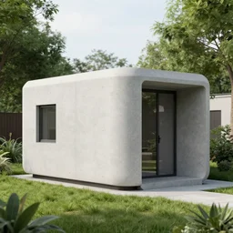 a modern 3 d printed cement cabin with rounded corners, beveled edges, concrete built textured contemporary home in a lush neighborhood, octane render, unreal engine render, matte painting concept art, fanart artstation, by jesper ejsing and artgerm and charlie bowater and rhads and lois van baarle and ilya kuvshinov and rossdraws