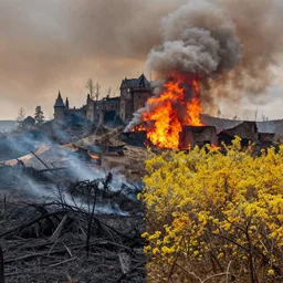 majestic landscape, half of it is destroyed and burnt!!!!!, the other half is blooming!!!!!, by john martin and carl gustav carus _ smoke _ fire _ vibrant colors | photography | realism | dslr photo