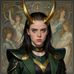 Billie Eilish as Female Loki, very detailed, digital art, trending on artstation, concept art, smooth, illustration, art by artgerm and greg rutkowski and alphonse mucha and J. C. Leyendecker and Edmund Blair Leighton and Katsuhiro Otomo and Geof Darrow and Phil hale and Ashley wood and Ilya repin and Charlie Bowater