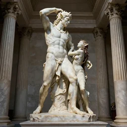 a beautiful marble statue of a kenku and a tabaxi, dynamic pose, Doric, roman, Greek