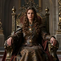 the elder scrolls vi, stately charismatic gracious humble regal brunette female jarl, portrait, throne room, atmospheric lighting, painted, intricate, volumetric lighting, beautiful, daytime, sunny weather, slight overcast, sharp focus, deep colours, ultra detailed, by leesha hannigan, ross tran, thierry doizon, kai carpenter, ignacio fernandez rios