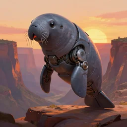 mech shaped like a manatee, machine, canyon background, sunset, greg rutkowski, digital painting
