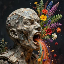 the broken face of psychosis with destructive rage, made of stone and wood, is vomiting multicolored herbs and flowers
