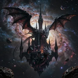 an alien dragon protecting a dark gothic castle with tall spires on an asteroid floating in front of an epic nebula, Dan Seagrave art