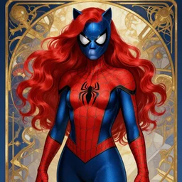 catwoman in the style of spiderman, spiderman patterns, red and blue, long red wavy red hair by artgerm and greg rutkowski and alphonse mucha