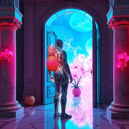 “ a beautiful mannequin made of onyx in the style of michael cheval, printed in 3 d geometric neon kintsugi!!, facing a giant doorway opening with a neon pink light, vaporwave flowering iridescent pineapples + orchids, inside a room with marble columns, transcendent, vibrant color, clean linework, finely detailed, 4 k, trending on artstation, photorealistic, volumetric lighting, octane render ”