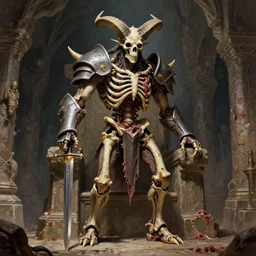 A spiked horned semiork-semihuman skeleton with armored joints stands in a large cavernous throne room with a sword in hand. Massive shoulderplates. Extremely high details, realistic, fantasy art, solo, masterpiece, bones, ripped flesh, saturated colors, art by Zdzisław Beksiński, Arthur Rackham, Dariusz Zawadzki