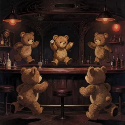 a dark noisy english night club, several teddy bear jumping and running around the bar, dark retro lighting, darkly playful color scheme, intricate details, matte painting, illustration, by hayao miyazaki