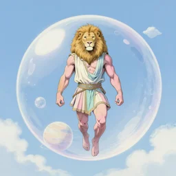 aesthetic portrait commission of a albino muscular and attractive anthro lion wearing an attractive pastel greek outfit floating inside a floating soap bubble in a simple blue cloudy sky with clouds orbiting the bubble like a planet,  minimalistic art, hyperdetailed. Character design by charlie bowater, ross tran, artgerm, and makoto shinkai, detailed, inked, western comic book art, 2021 award winning painting