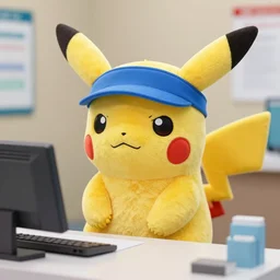 photograph of pikachu plush toy working as a clerk in a bank wearing a visor with a grumpy face