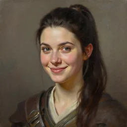 a _ fantasy _ style _ portrait _ painting _ of white girl, dark ponytail hair, smiling, round face, rpg dnd oil _ painting _ unreal _ 5 _ daz. _ rpg _ portrait _ extremely _ detailed _ artgerm _ greg _ rutkowski _ greg