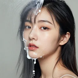 beautiful japanese model with face melting into acrylic painting