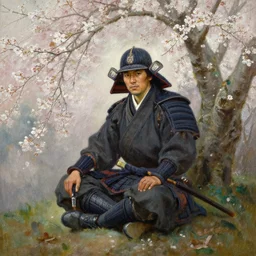 an oil painting of a samurai warrior sitting under a cherry tree with white blossoms, edward robert hughes