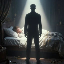 shadow figure standing in front of the bed while a person sleeps, volumetric lighting, 8 k octane beautifully detailed render, post - processing, extremely hyper - detailed, intricate, epic composition, cinematic lighting, masterpiece, trending on artstation, detailed detailed detailed, masterpiece, stunning art by anders zorn, wonderful masterpiece by greg rutkowski, beautiful cinematic light,