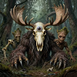 hyperdetailed art nouveau portrait of treebeard and old groot as a cthulhu eyeball moose skull wendigo swamp thing cryptids, by michael kaluta, simon bisley and bill sienkiewicz, photorealism, claws, skeleton, antlers, fangs, forest, wild, bizarre, scary, lynn varley, lovern kindzierski, steve oliff