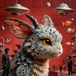 zoomed out profile face portrait of fuzzy kaiju moth dragons, 1 9 5 0 s scifi, ufo, flying saucer, moon, meninblack, steampunk, alley, streets, hyung tae, frank frazetta, nicoletta ceccoli, mark ryden, lostfish, max fleischer, depth of field, detailed and intricate red square environment, 8 k resolution, hyperrealistic