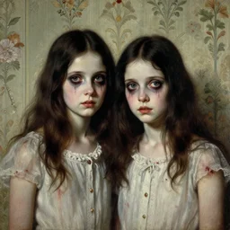 a beautiful and eerie baroque painting of a brother and sister who are beautiful but creepy, in dead space, with haunted eyes and dark hair, 1 9 7 0 s, seventies, wallpaper, a little blood, morning light showing injuries, delicate embellishments, painterly, offset printing technique, by brom, robert henri, walter popp