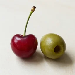 there is one cherry, here is one olive, together they make two total individual things