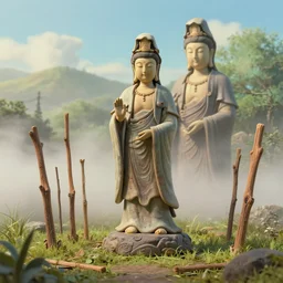 post design craig mullins and ghibli digital illustration of joss sticks ， clay statue of guanyin, fog, summer, unreal engine, hyper realism, realistic shading, cinematic composition, realistic render, octane render, detailed textures, photorealistic, wide shot