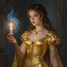a woman in a golden outfit with a candle in her hand, a hologram by bastien lecouffe - deharme, trending on artstation, gothic art, artstation hq, detailed painting, artstation hd
