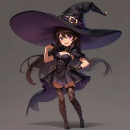 young witch seductively smiling, brunette, checked stockings, short dress, huge hat, full bodyshot, anime, fantasy, portrait, highly detailed, headshot, digital painting, trending on artstation, concept art by miaormoa