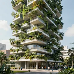 green building designed by stefano boeri with trees and white balconies and people walking, cinematic, ray traced, octane render, cinematic lighting, vfx film, ultrarealistic, featured on artstation, 8 k