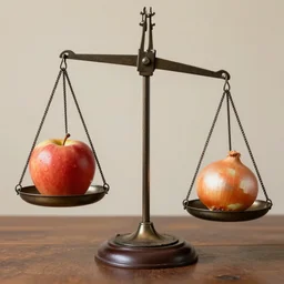 set of balance scales with one apple in one side and one onion in the other