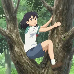 anime still of a girl climbing a tree