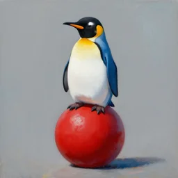 a blue penguin sitting on top of a red ball, artistic painting, in the style of Robert Kirkman”
