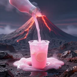 pink lemonade flowing from the volcano, digital art, 4 k, highly detailed, soft lighting, dramatic perspective