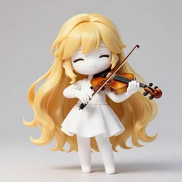 anime style, realism, chibi, full body, a cute girl with white skin and golden long wavy hair holding a violin and playing a song, heavenly, stunning, realistic light and shadow effects, happy, centered, landscape shot, happy, simple background, studio ghibly makoto shinkai yuji yamaguchi