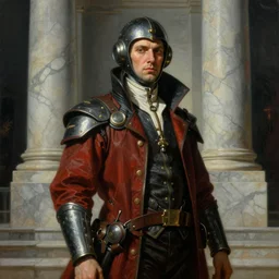 a baroque neoclassicist portrait of a retrofuturistic assassin, large marble architecture in background. highly detailed science fiction painting by norman rockwell, frank frazetta, and syd mead. rich colors, high contrast, gloomy atmosphere, dark background. trending on artstation