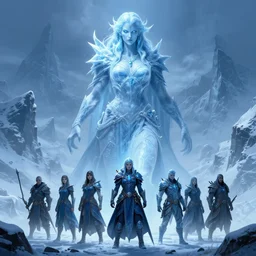 a giant vengeful ice revenant lady looms over five adventurers, in the snow mountains, high fantasy, monochromatic blue, smooth, sharp focus, high fantasy, dnd, digital painting, by rossdraws, artstationhd