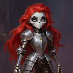 cute & beautiful smug smiling undead skeleton girl with very attractive face and red hair dressed as a knight, elegant, digital art, fullbody painting, fantasy, pixar style, painting, pin up, highly detailed, artstation, art by artgerm, vrubel, greg rutkowski, ilya kuvshinov, raymond swanland