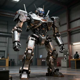 metal gear robot in a wearhouse, dramatic shot, 1 9 8 7, movie still