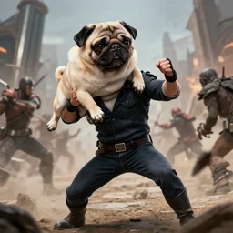 epic man using a pug as a hat while fighting an epic battle