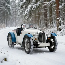 a 1 9 5 8 mg a twin cam roadster, racing through a rally stage in a snowy forest