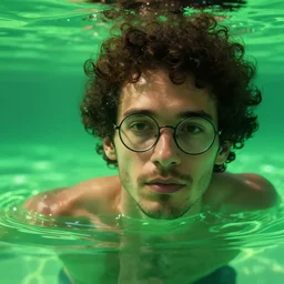 closeup potrait of a man with curly hair and round glasses swimming in glowing green water in an amsterdam street, photograph, natural light, sharp, detailed face, magazine, press, photo, steve mccurry, david lazar, canon, nikon, focus