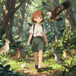Digital anime art by WLOP and Mobius, Nakoruru walks through the forest, many forest animals, hawk on Nakoruru's shoulder, peaceful feeling, highly detailed, soft lighting