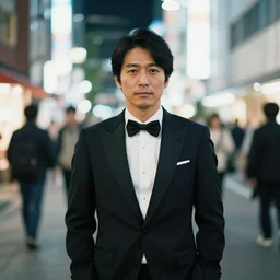 night portrait of an adult asian man wearing a tuxedo in the streets of akihabara, depth of field bokeh