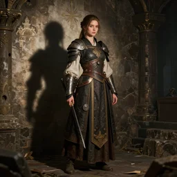 master shadow and light composition, costume design from asgaard designers, sophisticated composition, old masters light composition, procedurally generated, warrior girl character posing for concept art, ancient ruins behind, substance designer, PBR, HD, Ultra detailed, hyperrealistic, megascans, volumetric light, concept by master artist, made in paint tool SAI2, trending pixiv face
