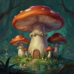 mushroom house in a swamp, mystical, digital art, extremely detailed, oil painting, epic atmosphere, sense of scale, disney animation