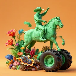 a cowboy turning into blooms by slim aarons, by zhang kechun, by lynda benglis, by frank frazetta. tropical sea slugs, angular sharp tractor tires. bold complementary vivid colors. warm soft volumetric light. 8 k, 3 d render in octane. a manly cowboy riding wild flowers sculpture by antonio canova. jade green